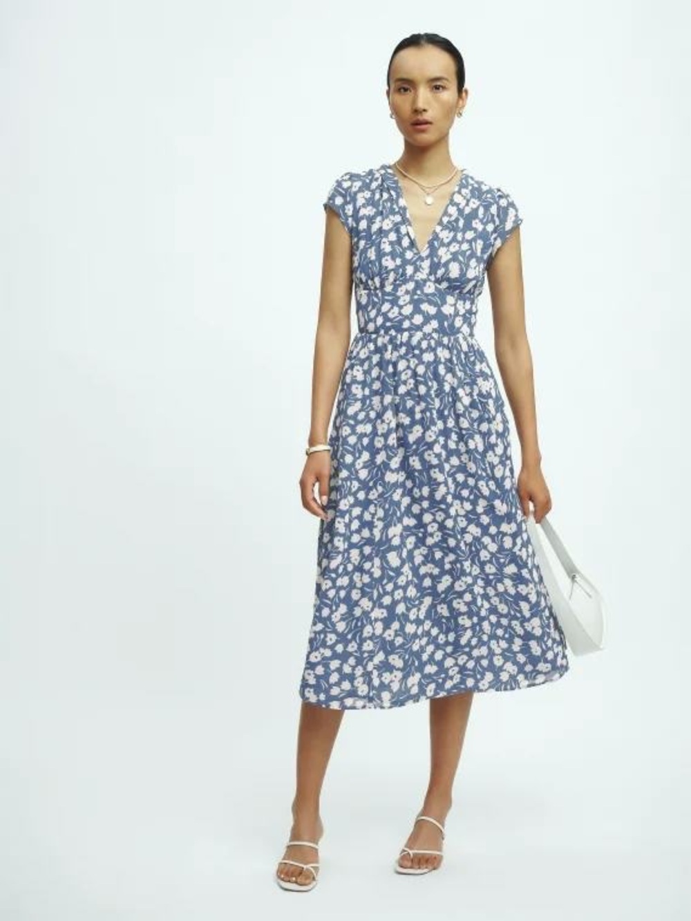 Reformation Blue & White Floral V‑Neck Midi Alisa Dress